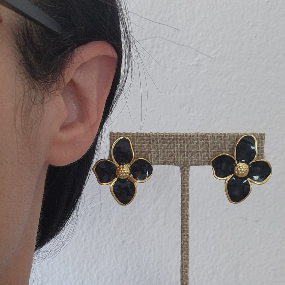 Gold & Black Enamel Flower Stud Earrings - Picture 6 of 6